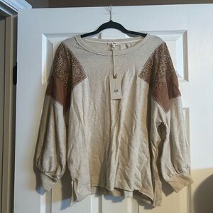 In Bloom Cream and Brown Top with Lace Accents